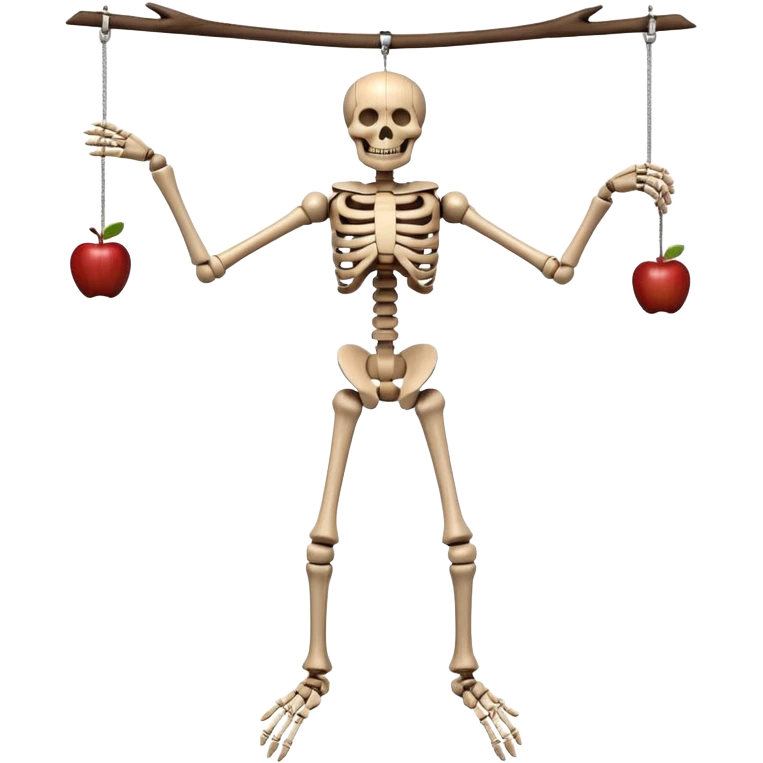 3D render of Skeleton Marionette as a wooden marionette puppet, Wooden bones, hanging loose, silver metal screw joints at elbows and knees, polished brown wood texture, rigid toy pose, Apple emoji style, isolated on white background --v 6.0. emoji
