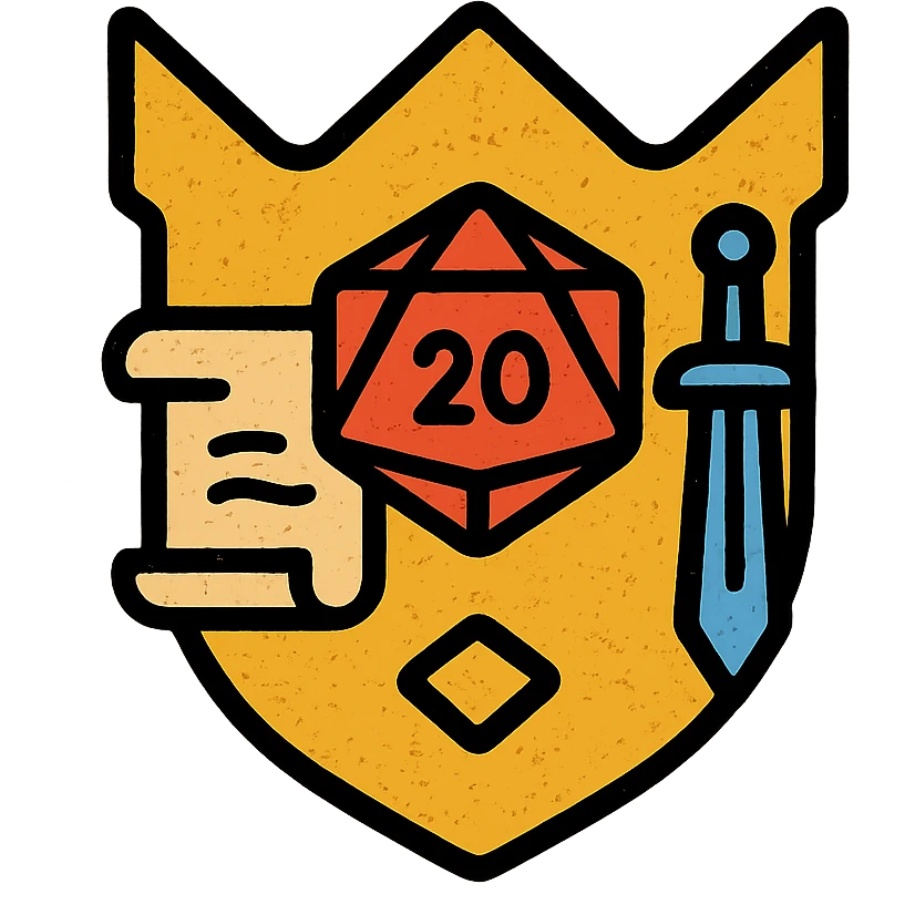 minimalist icon of a stylized shield or crown as an admin symbol with subtle DnD/RPG touches like dice, sword, or scroll, very worn and distressed effect emoji