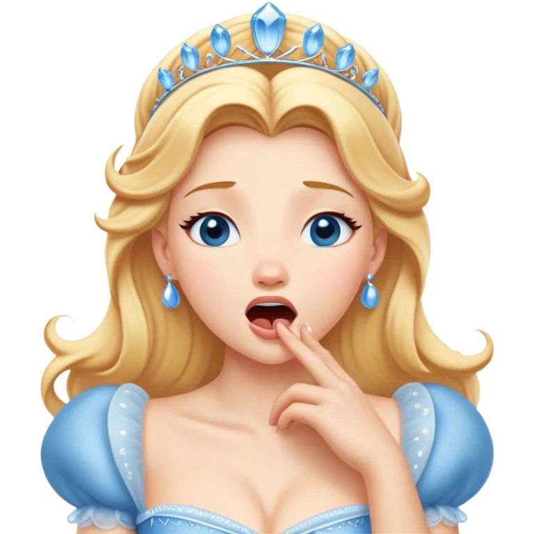 Cinematic Realistic Yawning Cinderella Portrait, showcasing lifelike porcelain skin and intricately detailed golden-blonde hair styled flawlessly as she mid-yawn reveals a moment of tender vulnerability. Her half-closed blue eyes and relaxed expression are rendered with natural, soft lighting that emphasizes the subtle textures of her face and the detailed, flowing fabric of her iconic gown. The scene glows with a cozy, authentic warmth that captures a rare, intimate moment of repose. emoji