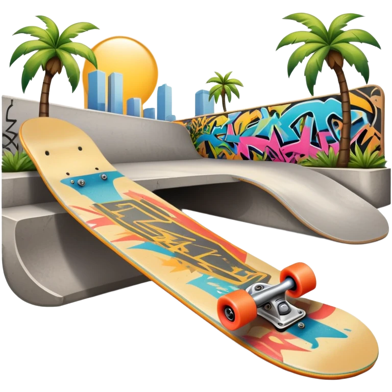 An icon featuring a skateboard resting on a smooth concrete surface. The background shows a sunny skate park with ramps, graffiti walls, and palm trees, creating an urban vibe. The skateboard is designed with vibrant colors and unique graphics. Transparent background  emoji