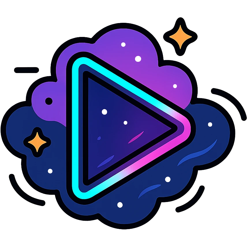 triángulo de reproducir con nebulosa púrpura y azul oscuro, estrellas brillantes, borde de neón cian o rosa, efecto animado de resplandor y movimiento galáctico emoji