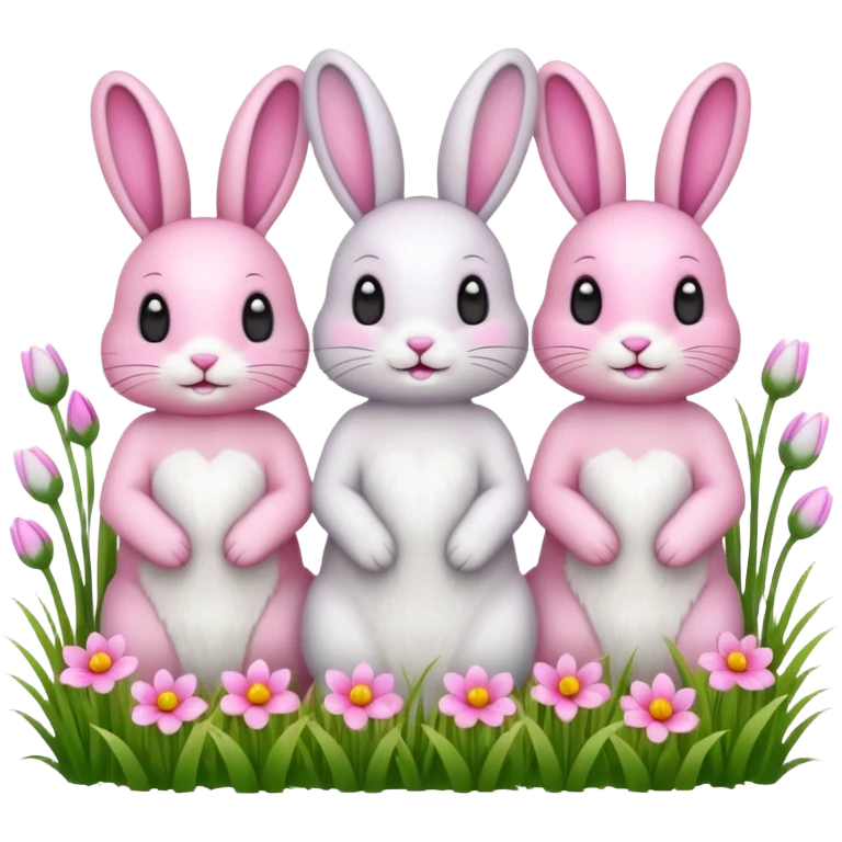 realistic 3 Bunny's standing in grass field with flowers happy looking foward emoji