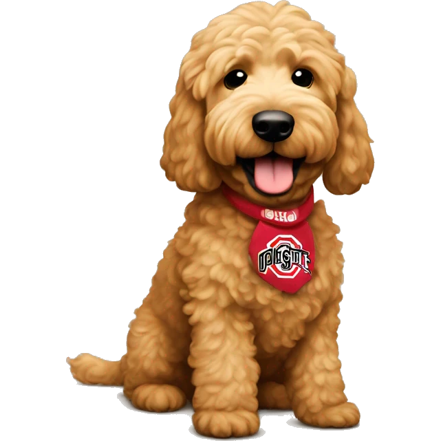 Tan golden doodle with Ohio state emoji