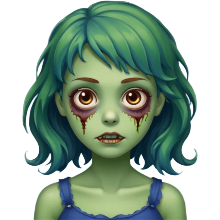 faça uma menina zumbi verde bonita com um cabelo ondulado, olhos castanhos-avermelhados e que metade da franja seja azul escuro e o a outra metade e resto do cabelo sejam castanho escuros emoji