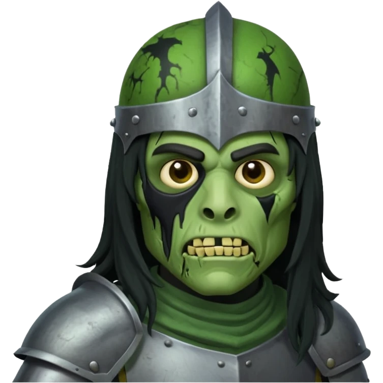 a male with long black rough hair wearing a knight helmet with green zombie skin emoji