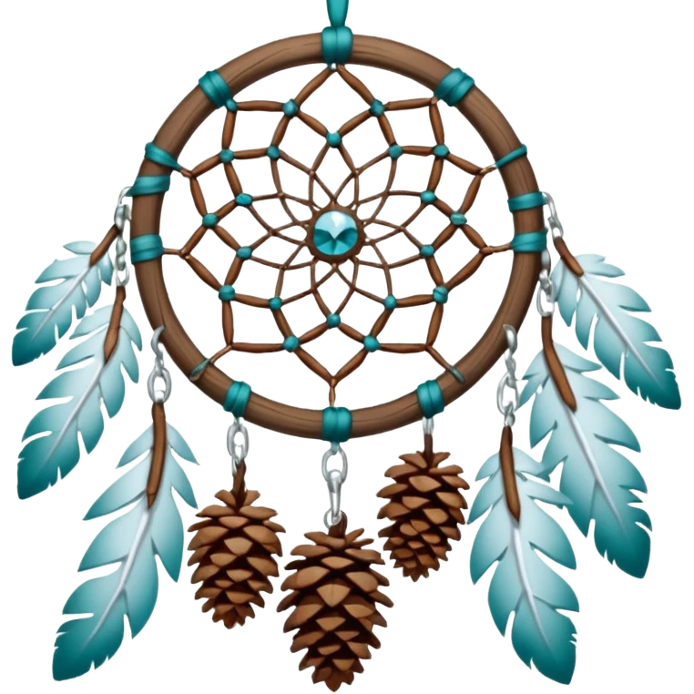 Winter-themed snow-covered spruce pine wooden pinecones and nuts dreamcatcher with white feathers, silvery chains and teal leaves emoji