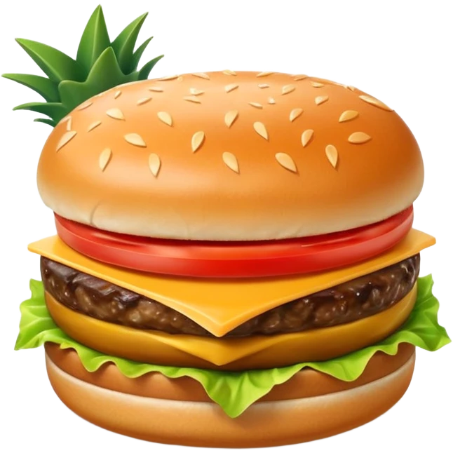 Hamburguesa con una carne, queso derretido, una rebanada de tomate, lechuga, una rebanada de piña. Colocar encima del pan una aceituna con un palillo emoji