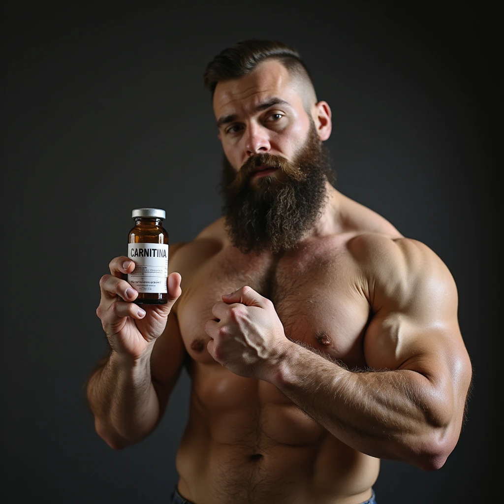 bodybuilder with beard, hyperrealism, holding a vial with a label 'CARNITINA' in large block letters, 4k quality emoji