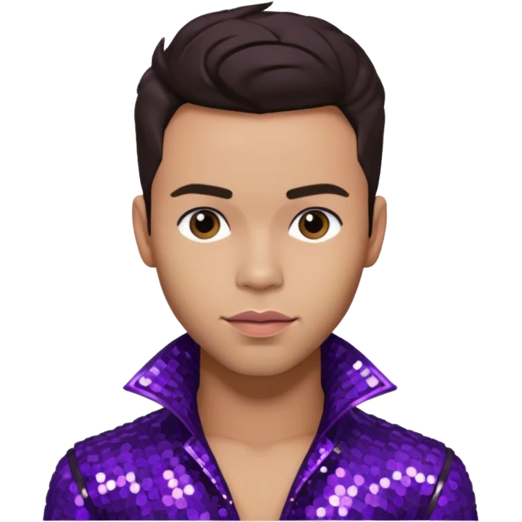 Prince Royce with dark brown hair, dark purple sequin outfit emoji