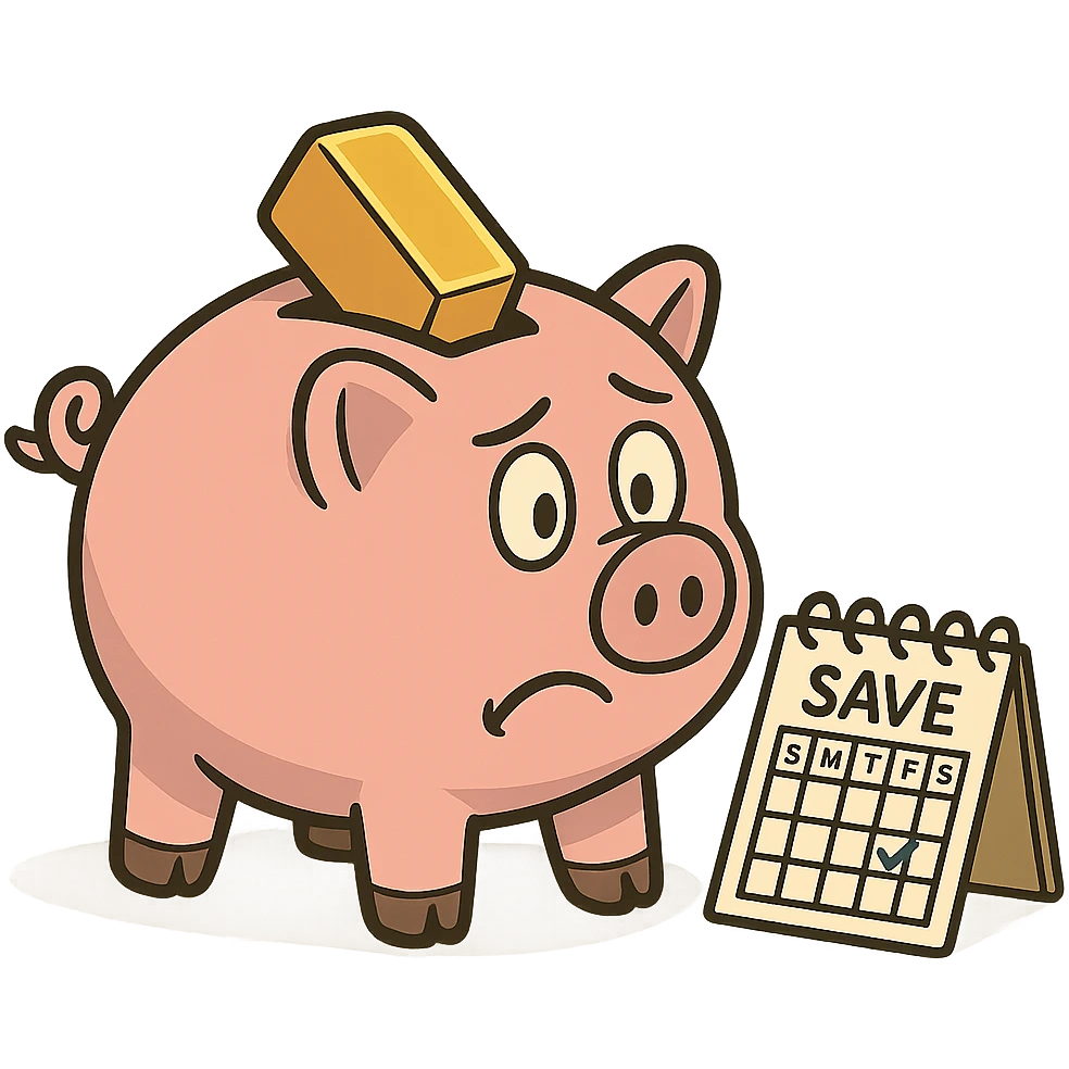 piggy bank with a gold bar and a small calendar beside it, showing weekly saving, flat friendly style emoji