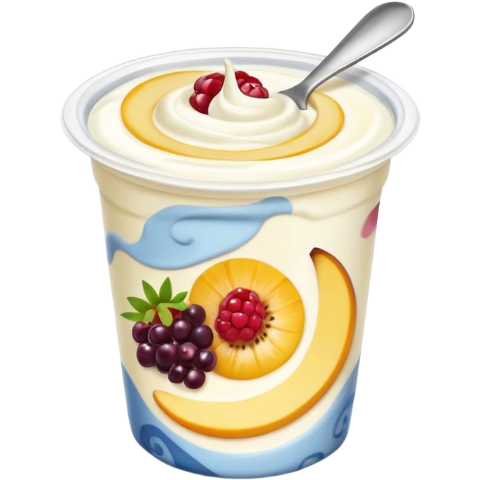 small yogurt cup with peeled-back foil lid, creamy yogurt with fruit swirls, no spoon or extras, soft lighting, subtle shadows, emoji scale emoji
