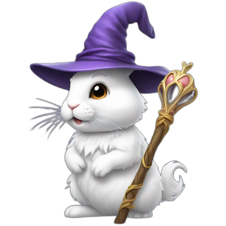 A side profile of a white rabbit wearing a wizard hat and holding a staff emoji