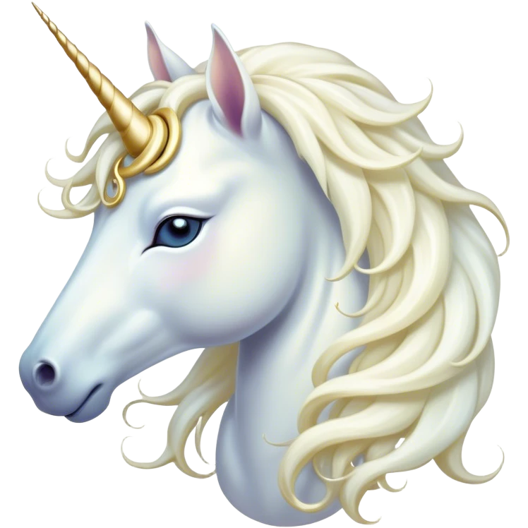 Beautiful and Majestic White Unicorn Portrait Emoji, Head and body exuding serene brilliance with a luminous, flowing mane and a gracefully spiraled horn, eyes gently closed in peaceful reverie, Simplified yet exquisitely enchanting features, highly detailed, glowing with a soft, celestial light, high shine, serene and utterly majestic, stylized with an air of timeless fantasy, soft glowing outline, capturing the essence of a beautiful and majestic white unicorn that embodies the pure magic of legend! emoji
