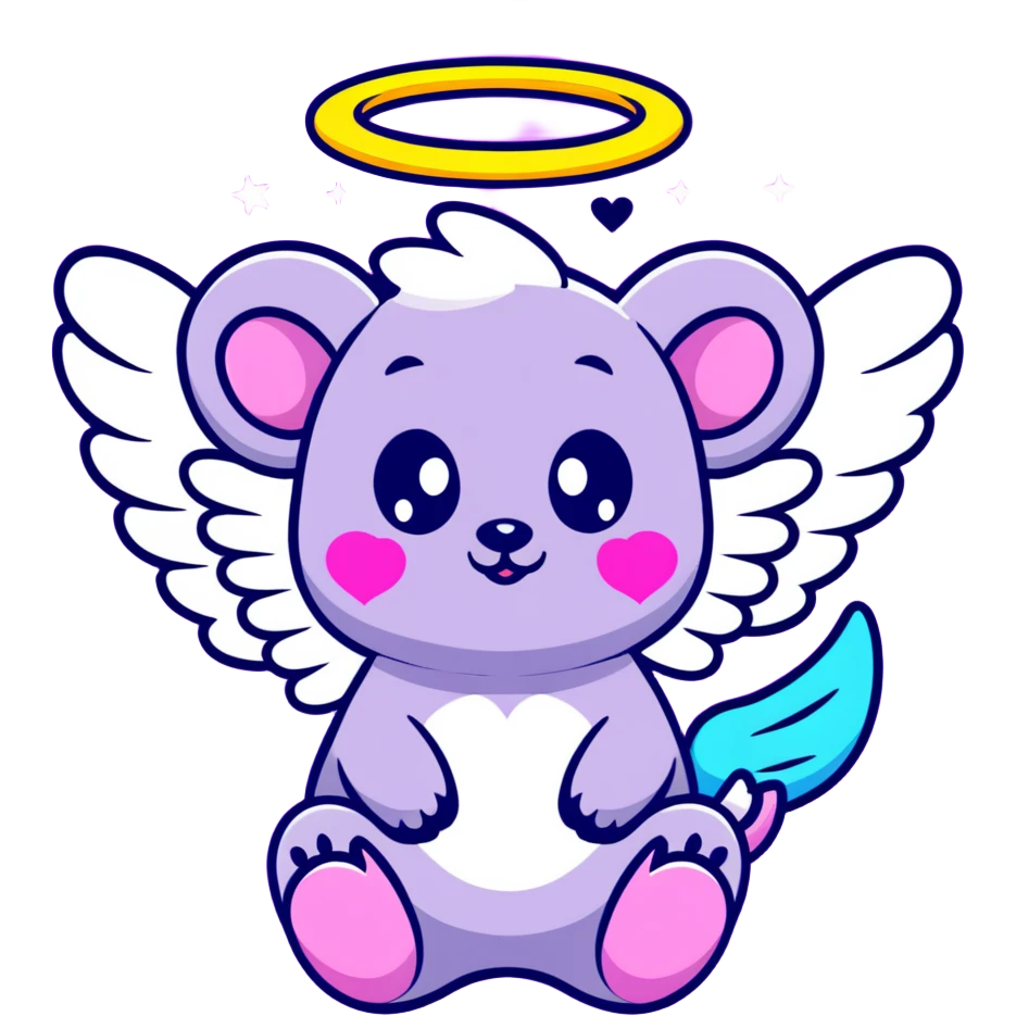 adorable possum with angel wings and halo, surrounded by stars and hearts, Lisa Frank colors emoji