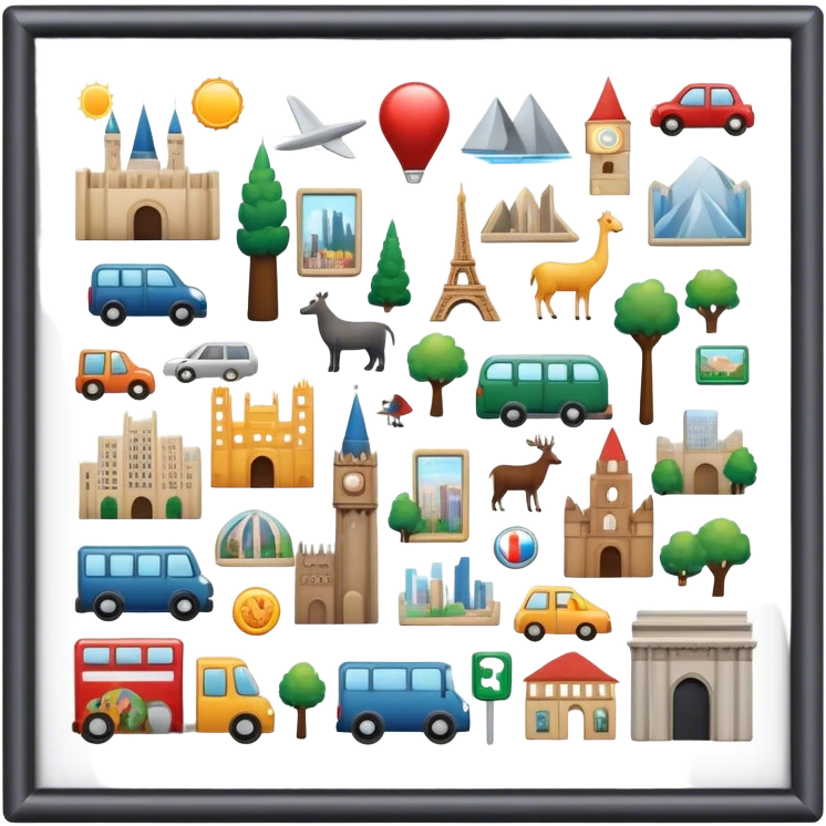 Icon for Magnet Collecting: a magnetic board on a wall displaying a collection of various magnets from different places, featuring cities, animals, and symbols. The icon should evoke the joy and uniqueness of a diverse magnet collection. Transparent background. emoji