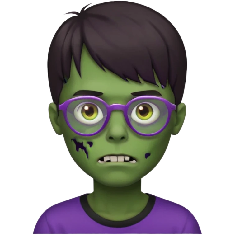Menino zumbi com cabelo castanho escuro com franja que cubra a testa, olhos castanhos, camisa preta larga, pele verde e óculos lilás emoji