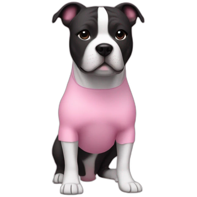 The Staffordshire Bull Terrier has a short, smooth coat and a muscular body. black and white color. in a pink dress emoji