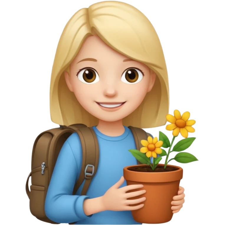 young girl wearing packpack, holding a flower pot emoji