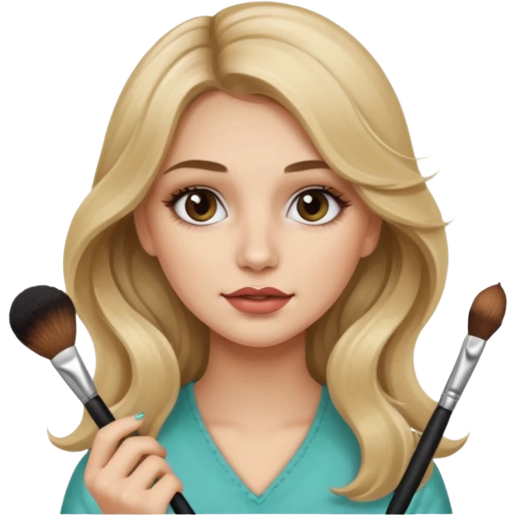 pretty girl with long wavy dirty blonde hair holding makeup brushes applying them to her face  emoji