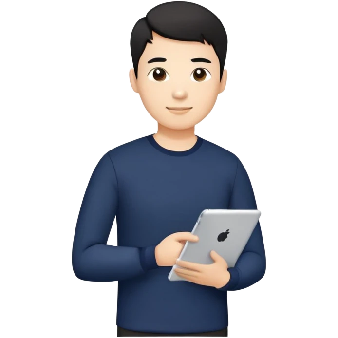 A fit Asian male teacher with short black hair and fair skin, wearing a dark navy long-sleeve shirt, holding an iPad in one hand. The style is emoji-like, clean and simple, with a friendly and professional look.

 emoji