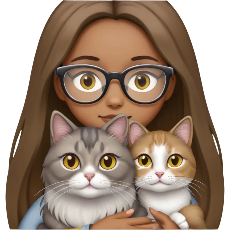 I need a girl with light brown long hair, black eyes, and brown glasses frames, holding a gray-white silver-tipped long-haired cat with yellow eyes. emoji