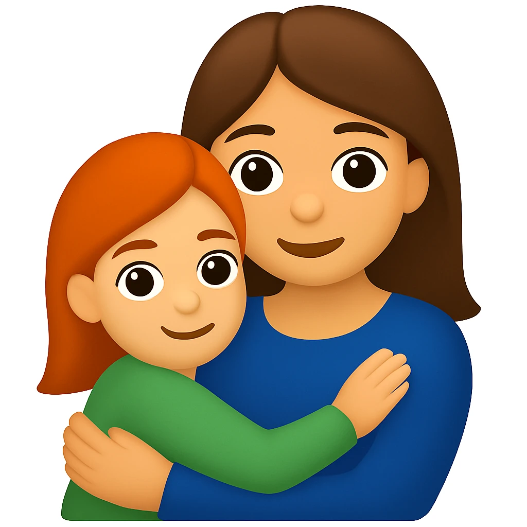 Change colors: girl with red hair and green t-shirt, mother with brown hair and blue dress, in emoji style. emoji