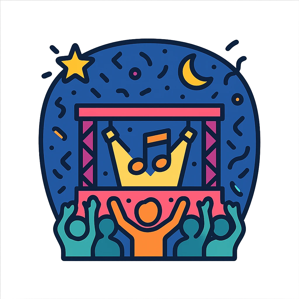 music festival, night time, glowing stage, audience with hands up, confetti, modern vector style emoji