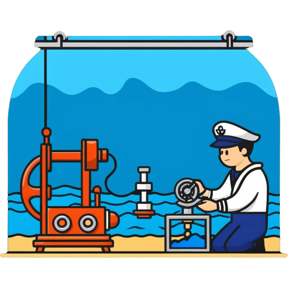 Marine geology process with sailor at winch and scientist analyzing ocean floor samples emoji