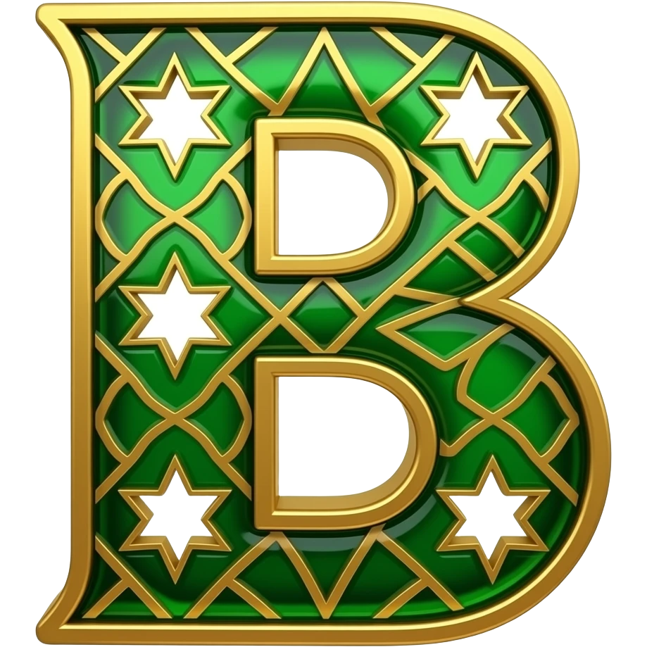 An uppercase letter 'B' designed with geometric Islamic patterns and 5-star-shaped cutouts. Made from rich emerald-green glass with brushed gold edges. Backlit with a warm amber glow, 8k resolution, clean minimalist design emoji