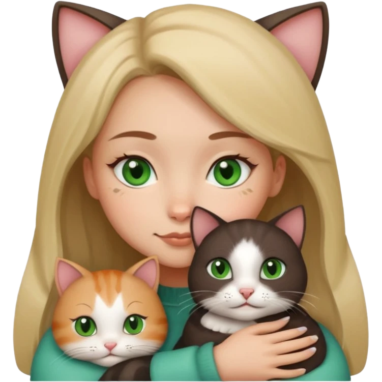 A girl with a square with a mole on her right cheek and square-green eyes hugs a cat emoji