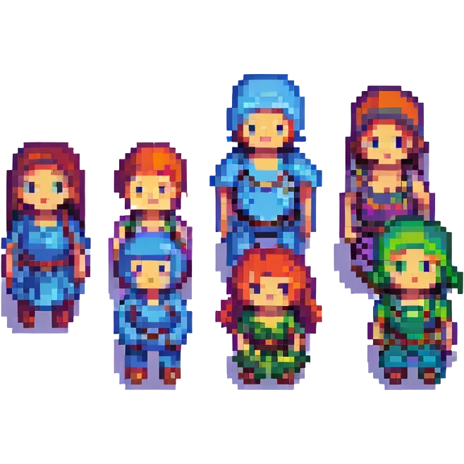 a family of four as pixel art characters, simple and colorful emoji
