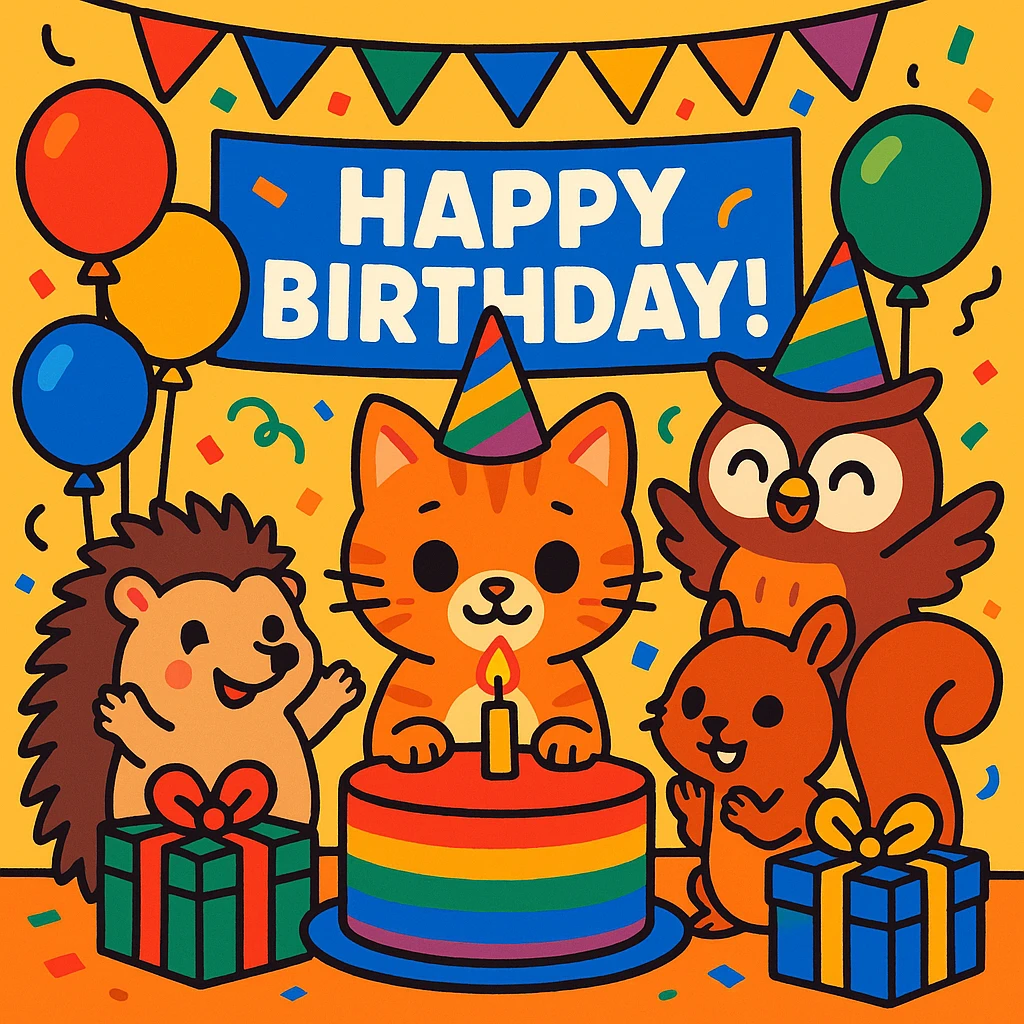 vibrant-toon style birthday party scene with a rainbow color theme including rainbow balloons, multicolored decorations, confetti, a large rainbow birthday cake, gifts, and a festive atmosphere. Main character is a ginger tabby kitten wearing a birthday hat, surrounded by a hedgehog, owl, and squirrel also celebrating. Prominent 'Happy Birthday!' message included in the scene. emoji