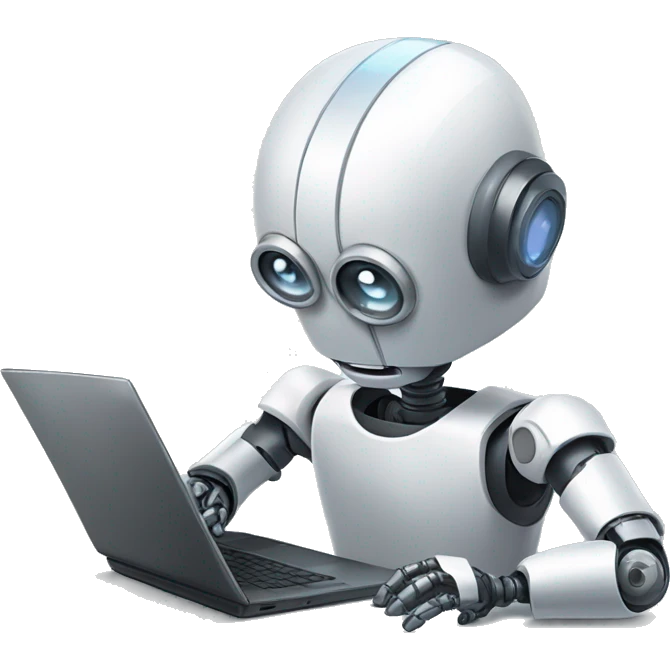 Robot escribiendo en computadora con lupa emoji