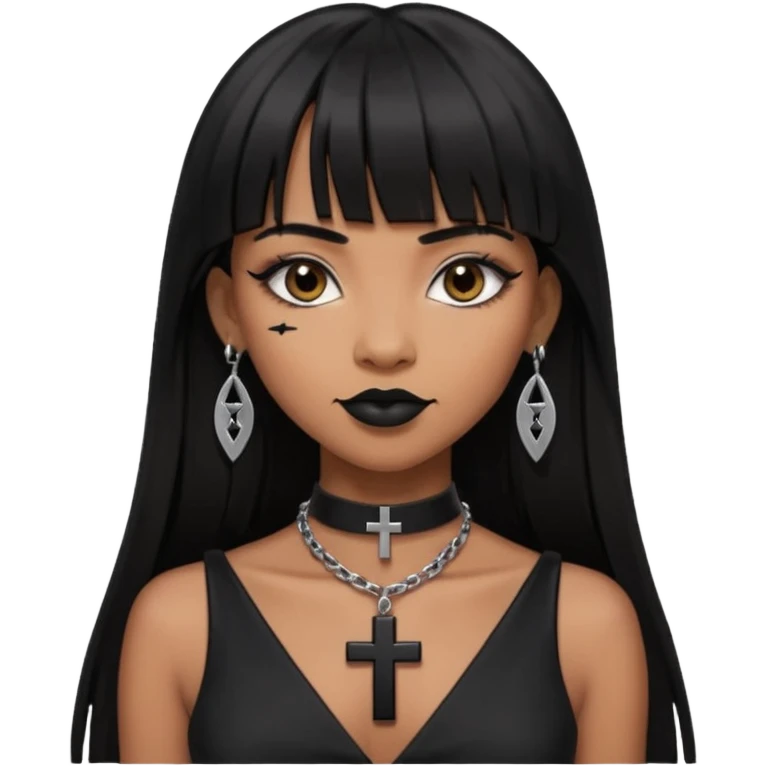 vampira parda com cabelo preto longo e liso e franja, olhos pretos, brincos em formato de cruz, choker em formato de cruz, roupa preta com decote, batom preto e sorrindo de canto emoji