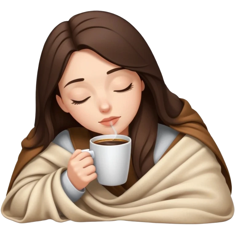 White girl brunette inside a blanket sipping coffee eyes closed emoji