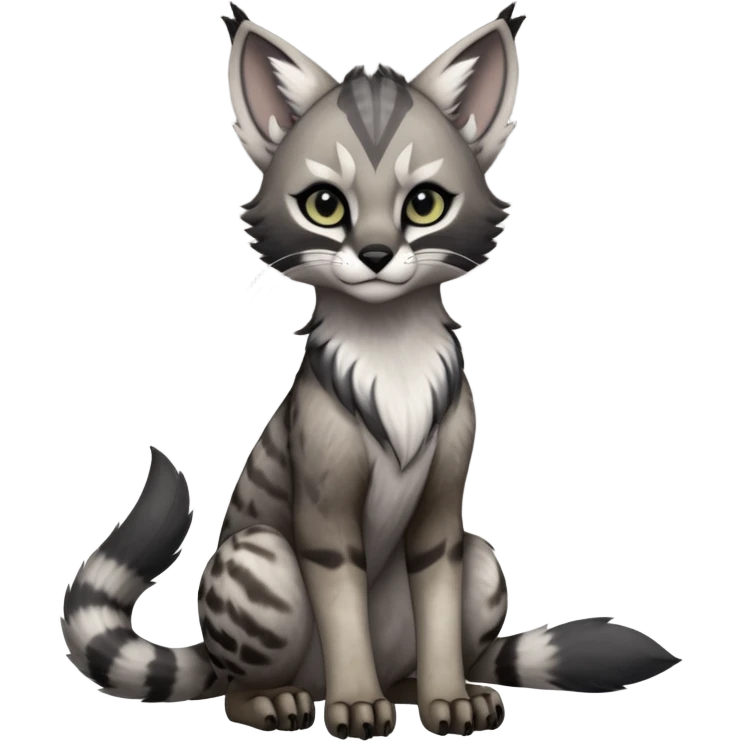 Cute kawaii cool edgy badass  ashen grey fur with smoky charcoal ombré fade fantasy-caracal-civet-genet-sergal-vernid-Gryphon-Cacomistle-Trico-oncilla-animal-Fakémon-hybrid-fursona (full body), facial markings, (realism style) emoji