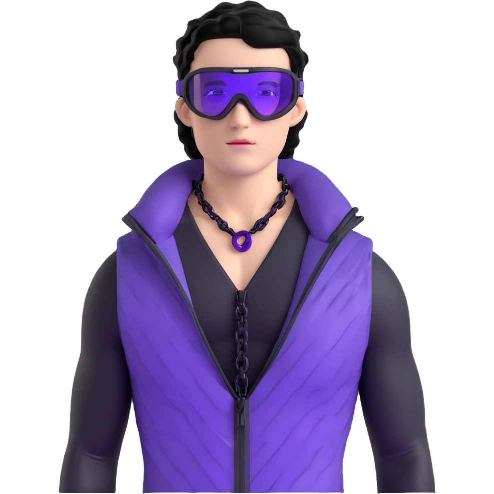 male athlete with white skin and moderately curly black hair on top with shaved sides, wearing ski goggles with purple frames and very dark black lenses, a simple plain black chain necklace, and a completely unzipped shiny vest with purple and black sequin fire pattern design, fully revealing his chest and abs, no earrings emoji