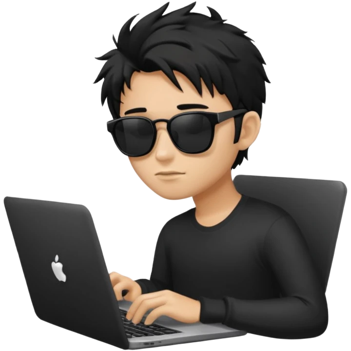 a PRETTY BRATZ boy with black messy hair, black sunglasses, on laptop emoji