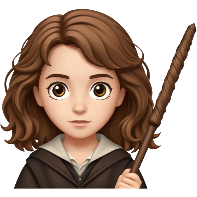 Hermione Granger with bushy hair and wand emoji