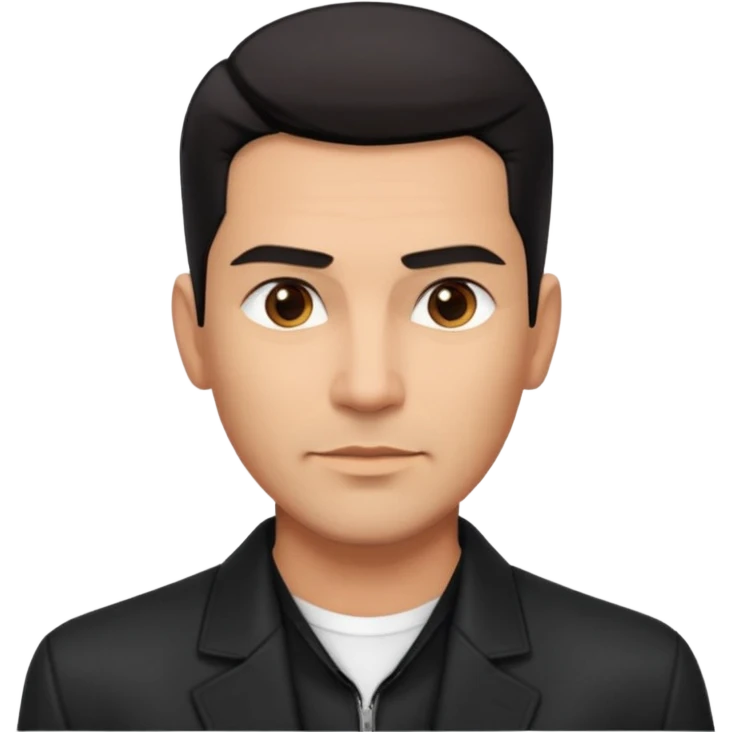 Attractive Hispanic TV host in his mid to late 40s with light brown skin, short straight black hair slicked back with fade on sides, square handsome face with strong jawline, friendly approachable expression, wearing open black jacket revealing white buttoned shirt underneath emoji