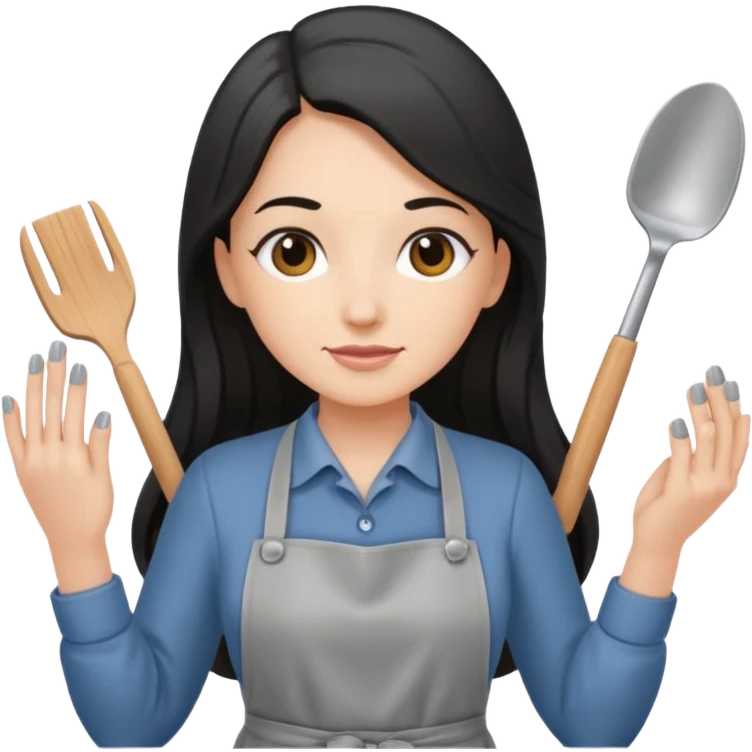 A white nail tech with long dark hair in gray apron emoji