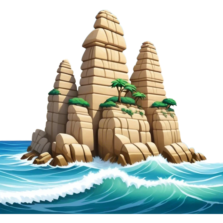 Cinematic Realistic Raouche Rocks, Beirut Landmark Emoji, depicting the majestic limestone rock formations rising from the Mediterranean Sea, with waves crashing against their bases under a vibrant sky. emoji