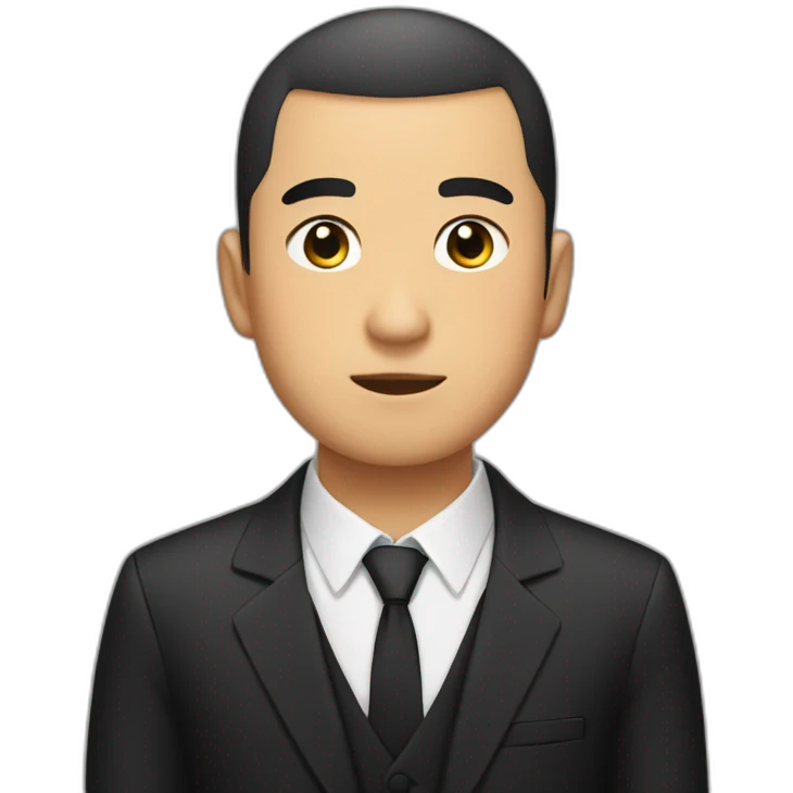 Asian, thick eyebrows, Buzz cut, emotionless, black suit emoji