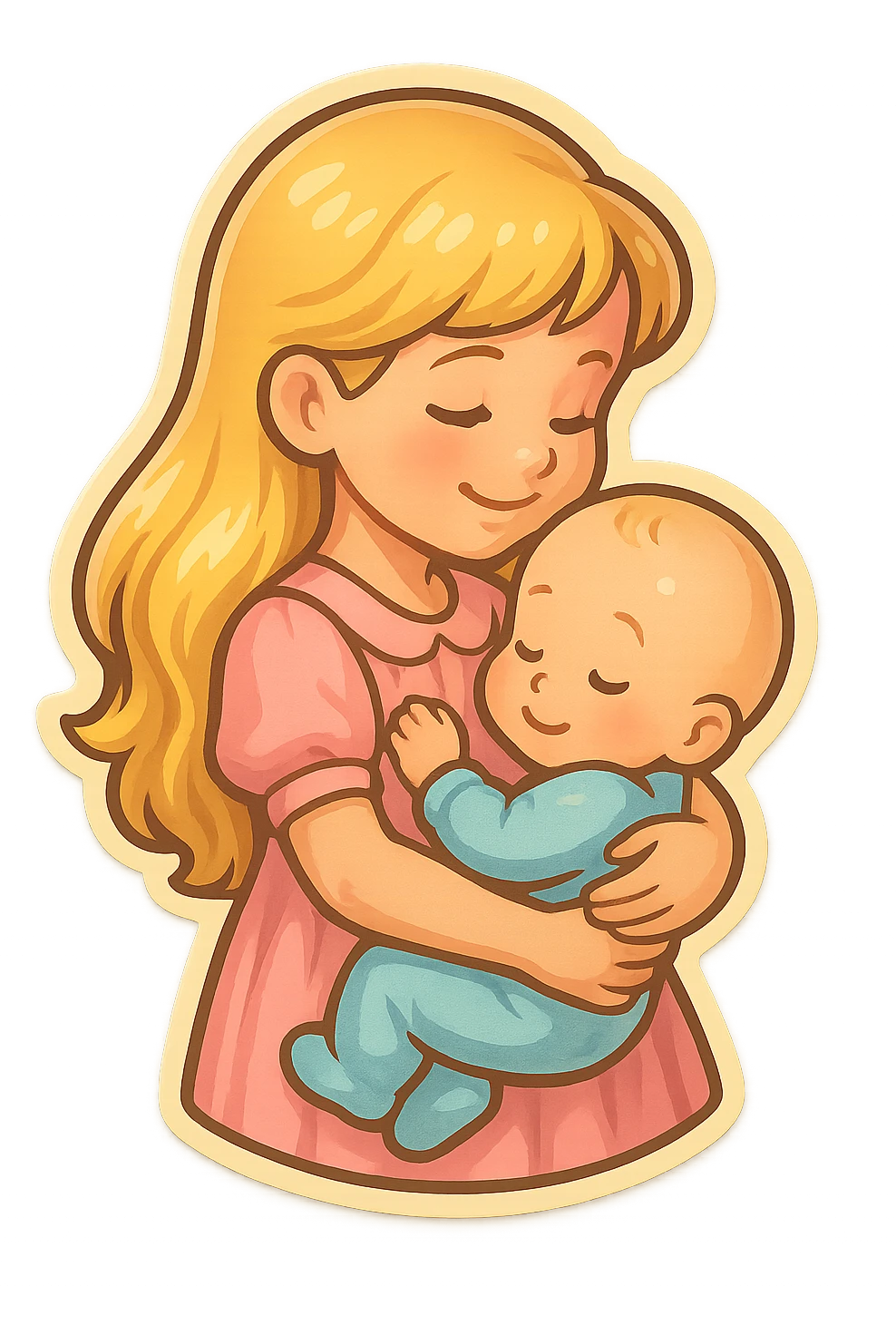 cute girl with long blonde hair holding a baby in her arms, smiling, side view, retro stickers style, thin clean outlines, soft rounded shapes, pastel palette, retro sticker aesthetic, detailed shadows and highlights, soft lighting emoji