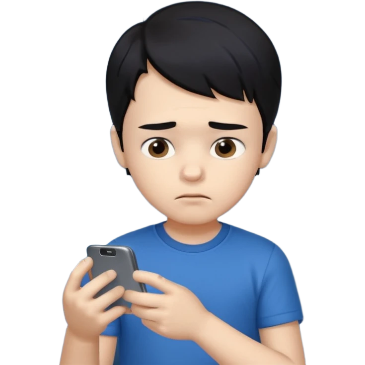 un niño de entre 3 - 10 años jugando con su celular, cansado en una habitacion apagada, el niño tiene piel blanca y cabello negro (hombre)

 emoji