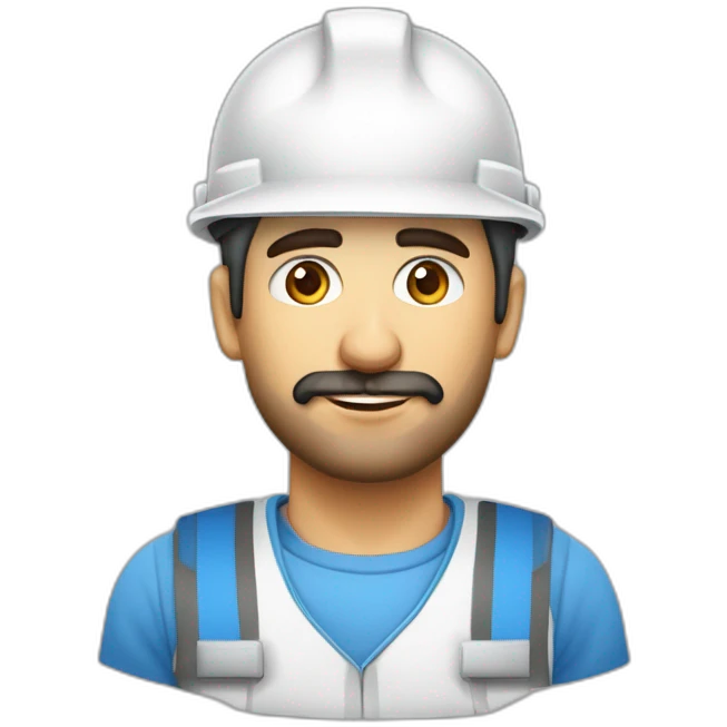 Arquitecto de 30 años residente de obra. Casco blanco chaleco azul. Ojos grandes cejas pobladas labios gruesos emoji
