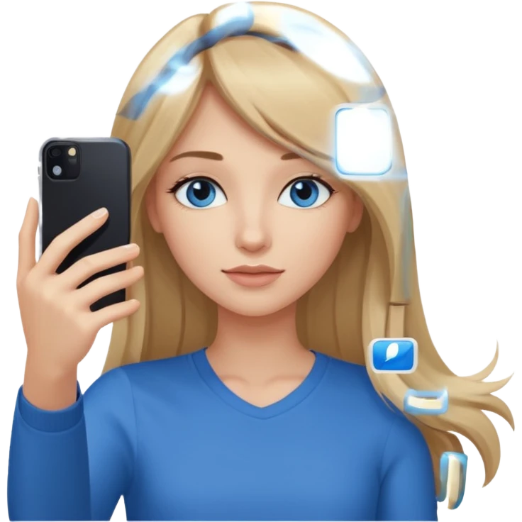 young woman with long straight dark blond hair, side bangs, and blue eyes. She is taking a selfie with an iphone  emoji