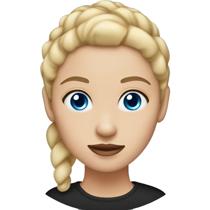 a woman with blue eyes, light skin, blonde straight hair with a bun. black shirt. emoji