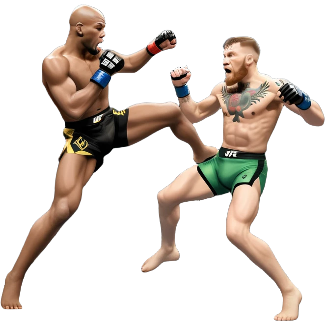 An MMA showdown between Conor McGregor and Anderson Silva in the octagon. McGregor is executing a jumping strike, while Silva skillfully deflects the attack. The background shows the UFC octagon with roaring fans and vibrant energy. Transparent background. emoji