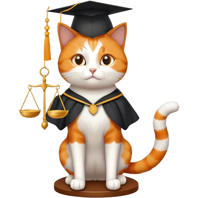 cat wearing a graduation cap, holding the scales of justice up with its tail emoji